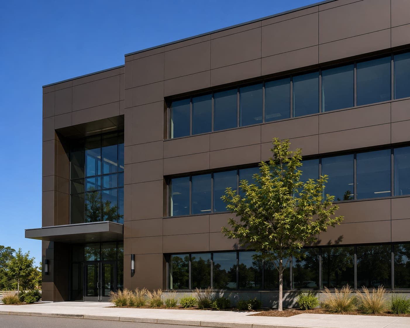 Mid-rise office building clad in dark bronze aluminum composite panels, glazed entry and landscaping at the base