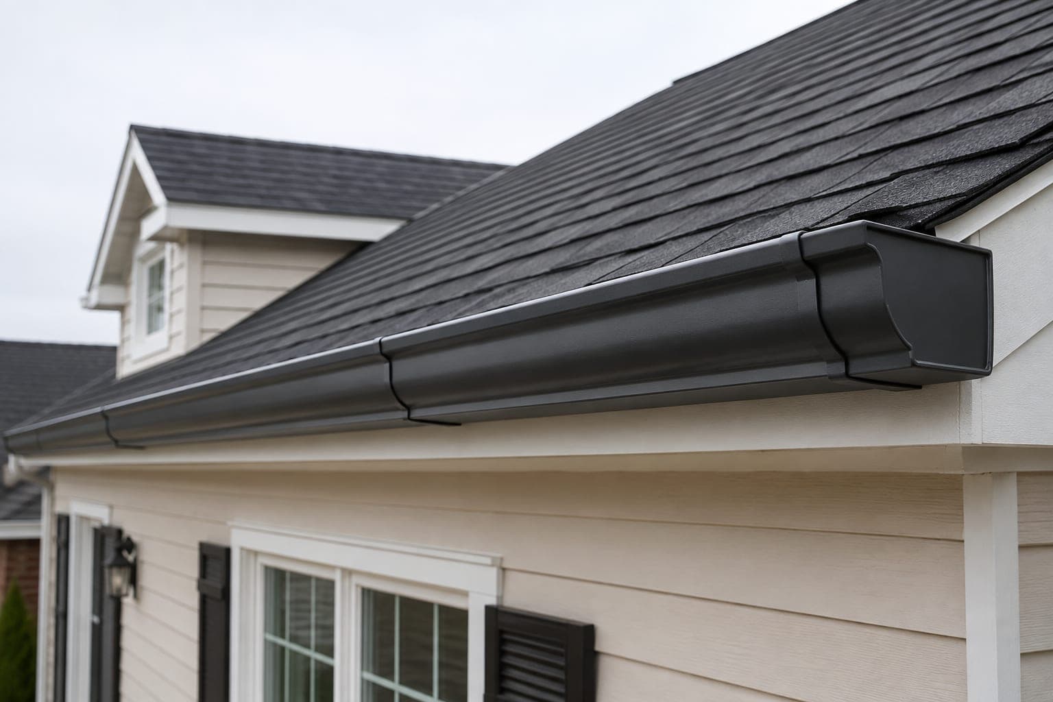 Aluminum gutter running the length of a residential roofline against cream siding