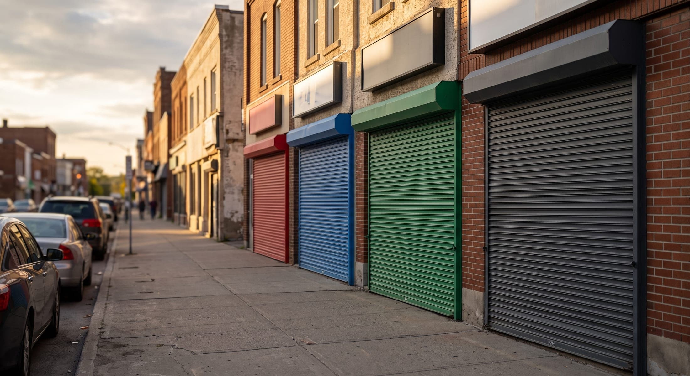 Closed aluminum rolling shutters in muted green and charcoal on adjoining storefronts, cropped close to show the interlocking slat geometry