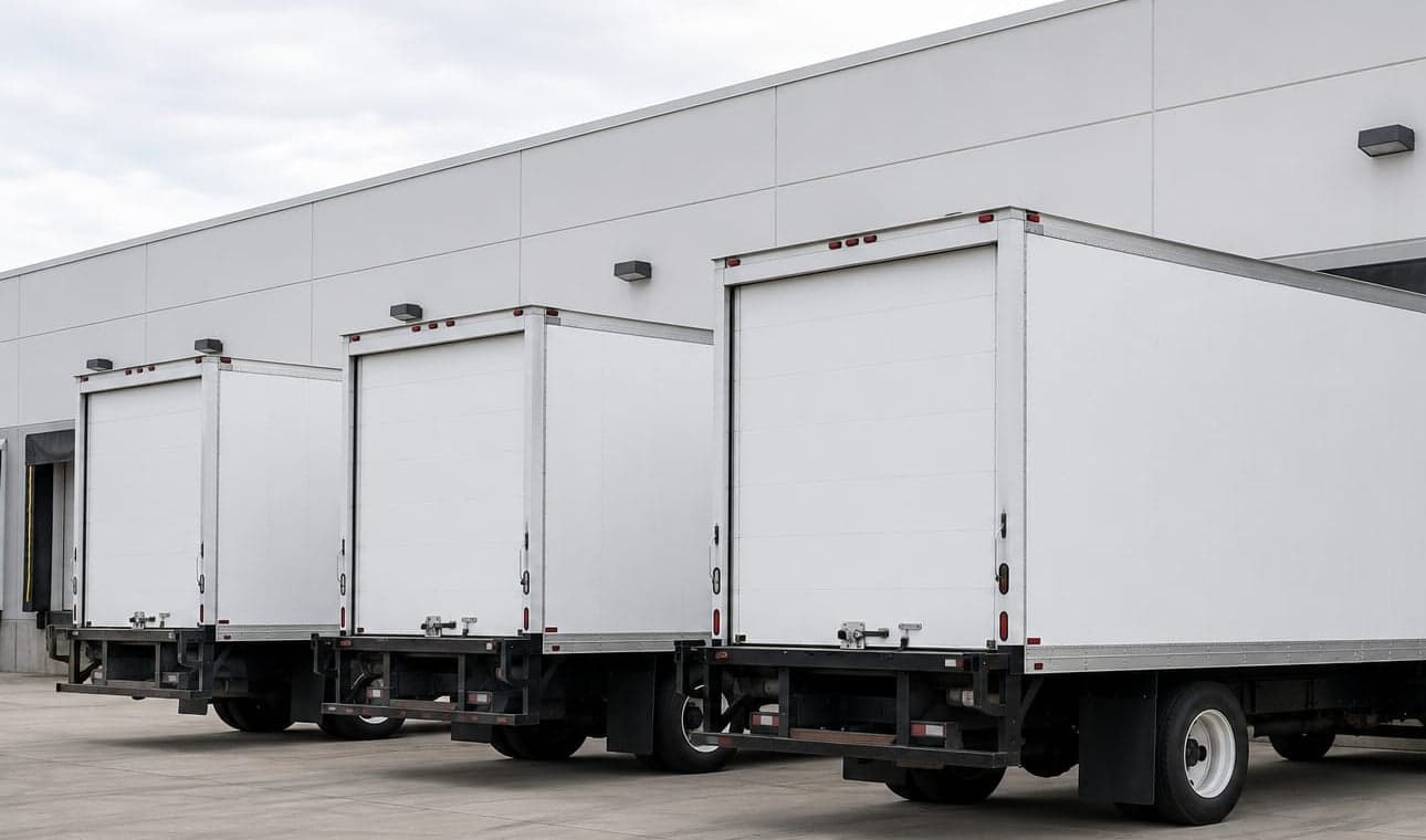 Flat white aluminum panel sides of three commercial trailers in a row at a warehouse loading dock, cropped to fill the frame with siding