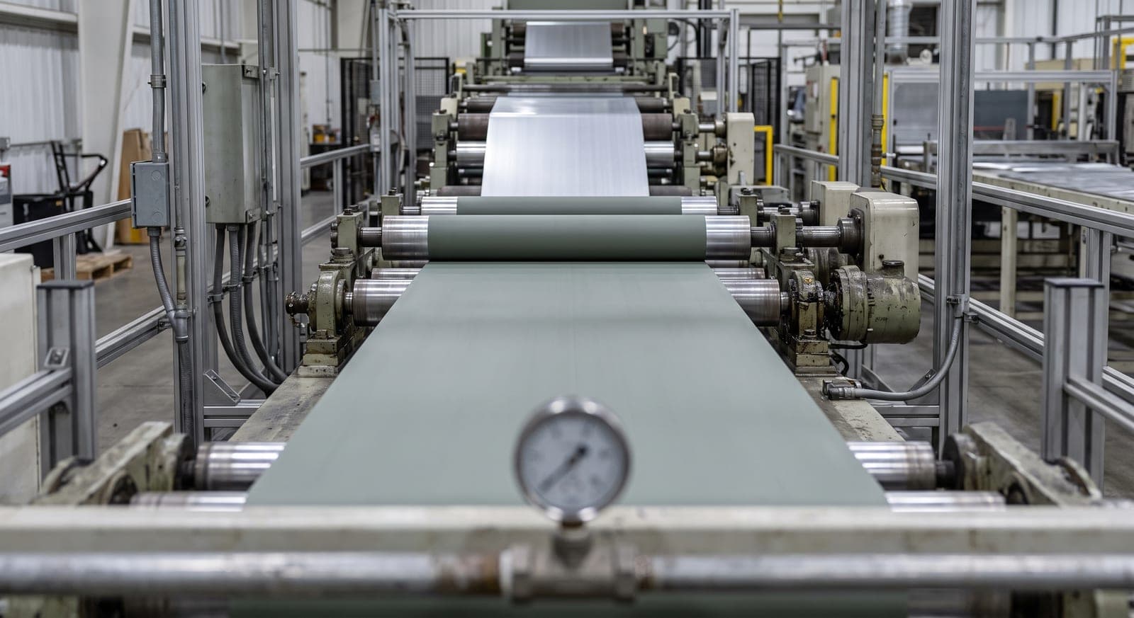Aluminum coil strip at the primer stage of a coating line, matte gray-green surface passing through guide rollers