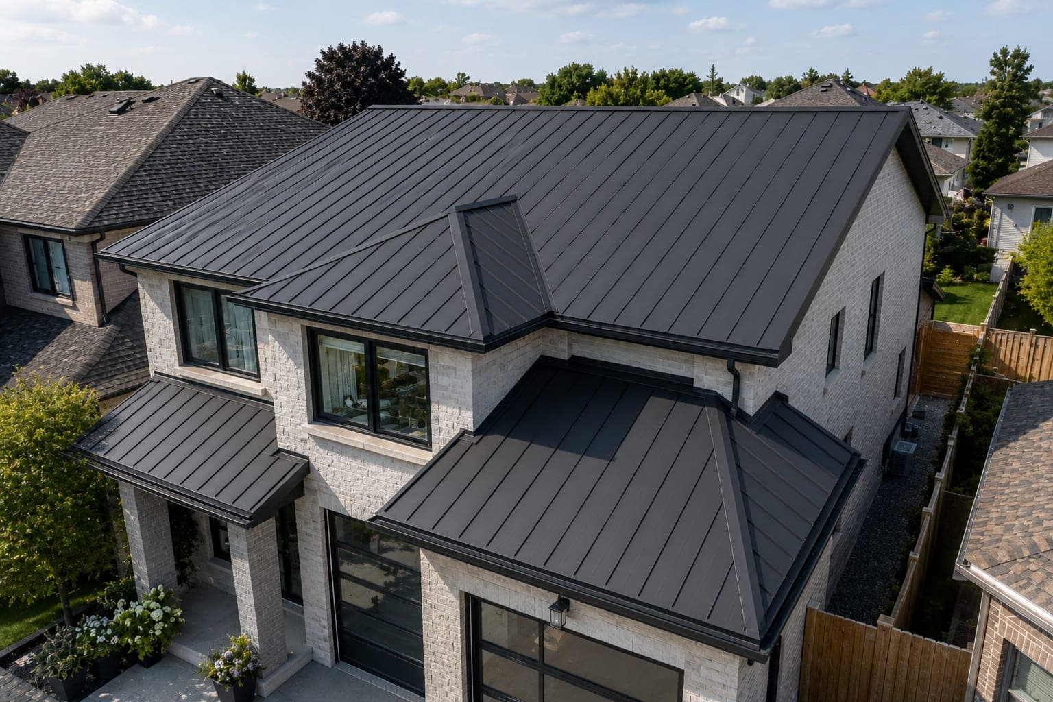 Aerial view of a matte charcoal standing-seam metal roof on a suburban home