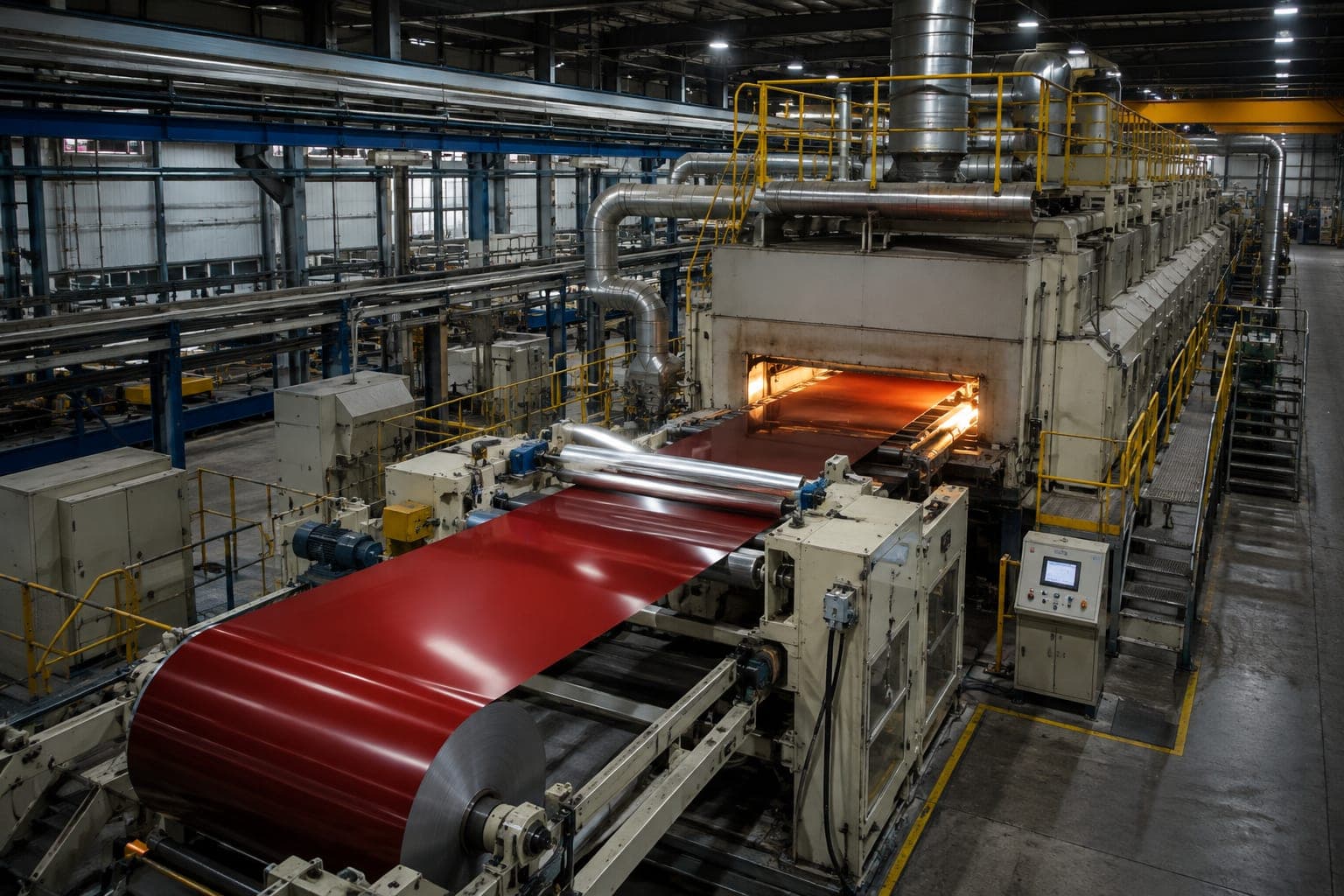 Elevated view of a coil coating line, a glossy red coated aluminum strip exiting a curing oven onto overhead guide rollers