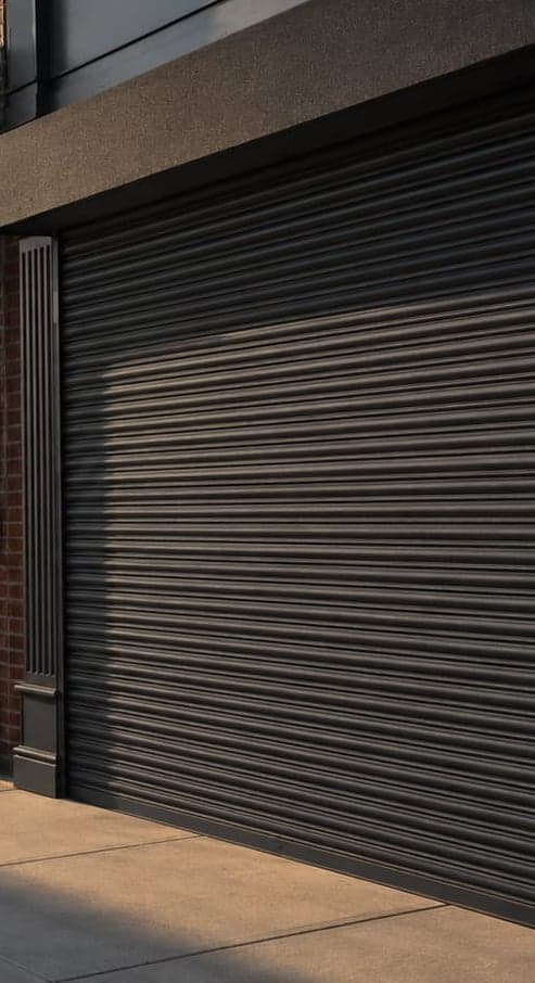 Close-up of a closed aluminum rolling shutter in solid deep charcoal, showing the interlocking horizontal slats