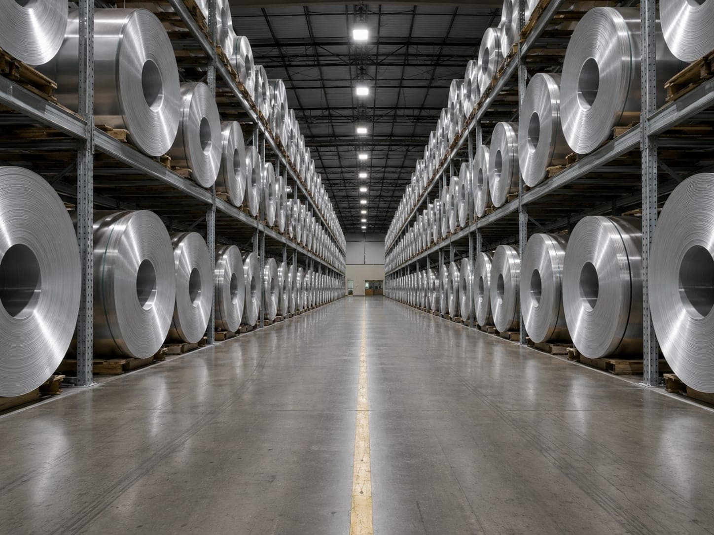 Warehouse aisle lined with aluminum coil stacked on end, spiral faces visible, steel racking on both sides